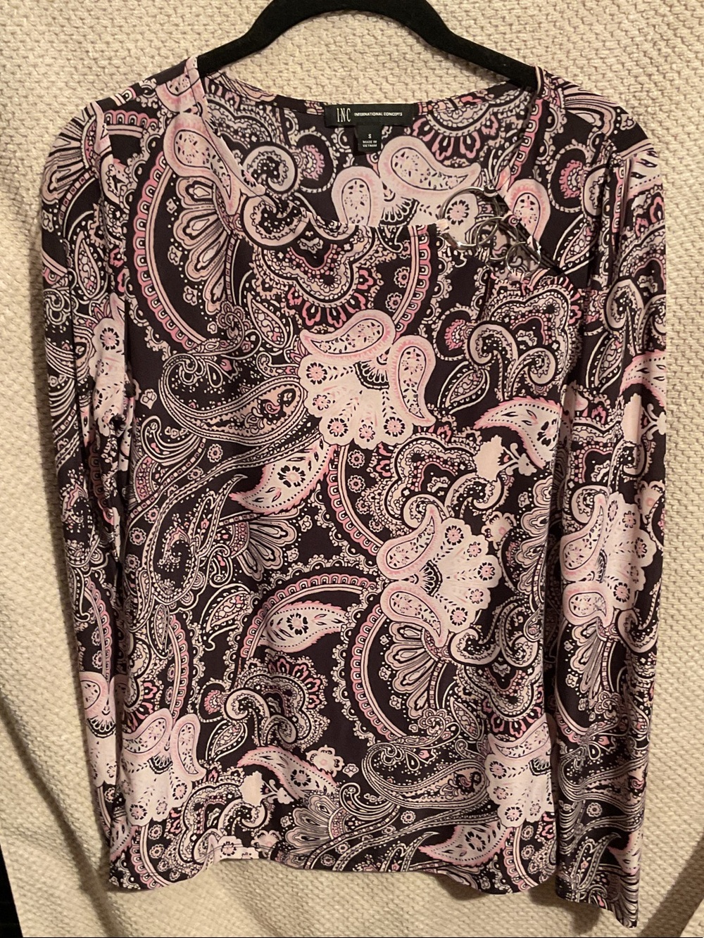 INC International Concepts Black and Pink Paisley Long Sleeve Tee